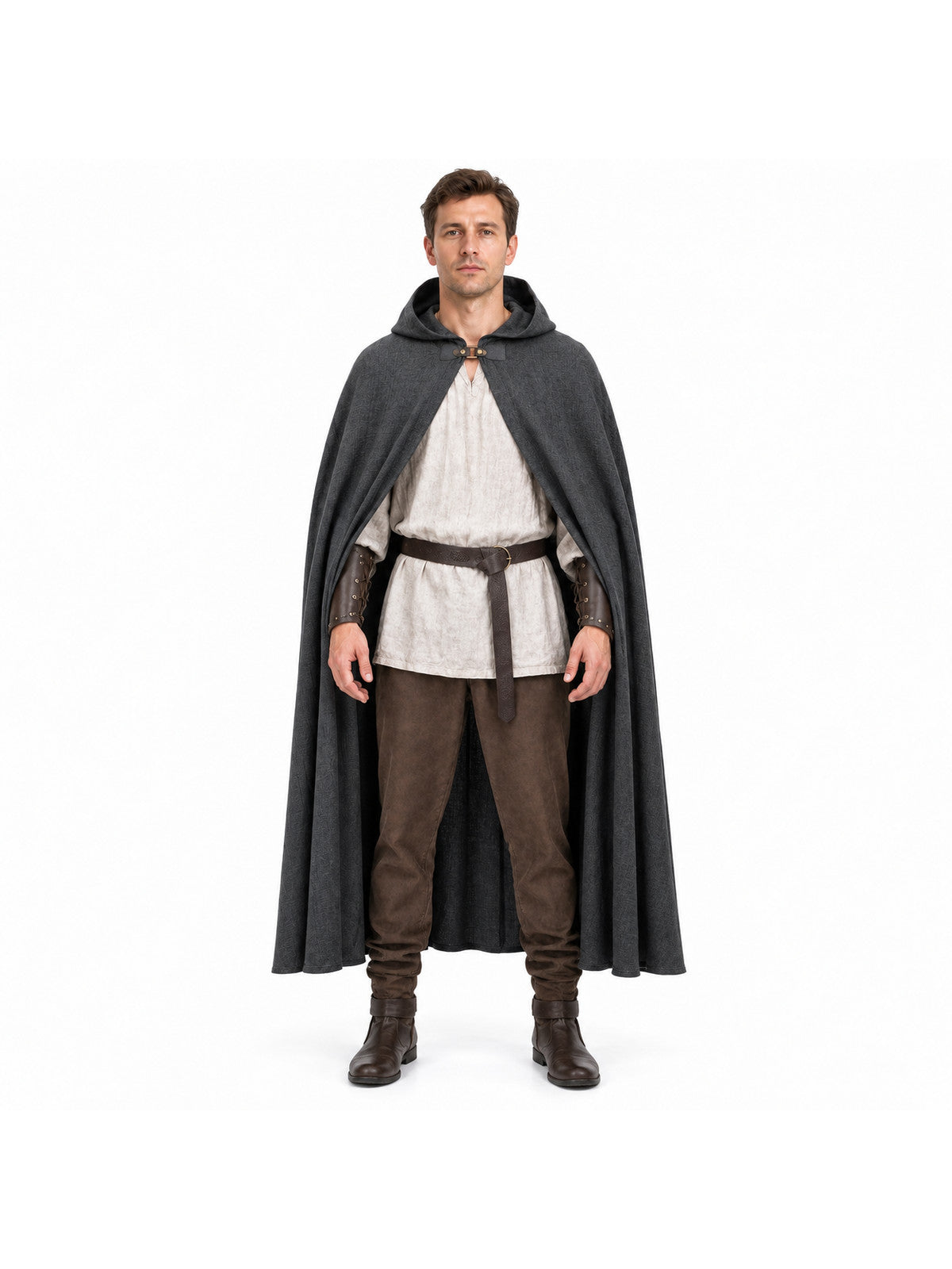 Gray polyester cape-cloak — an outerwear style worn over other clothing