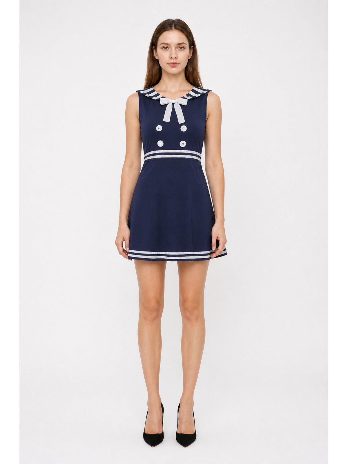 Dark Navy Sailor-Style Dress with White Stripes main product view