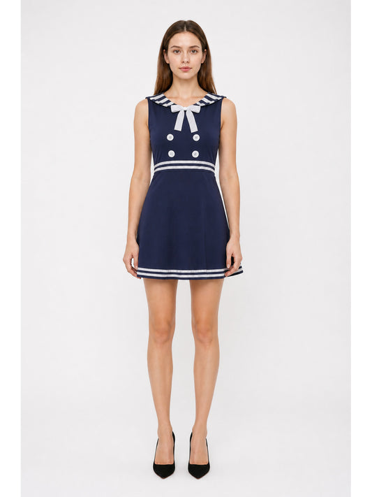 Dark Navy Sailor-Style Dress with White Stripes main product view