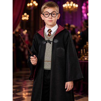Kids Halloween Wizard Costume Set, Hooded Robe, Vest, Trousers and Round Glasses on-model view