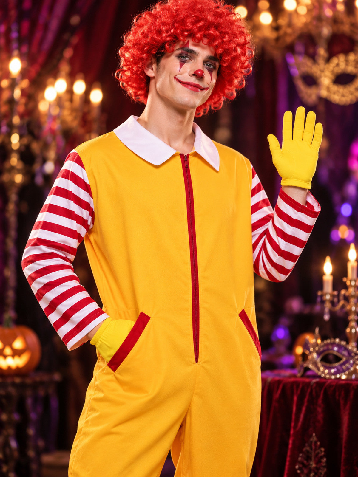 Clown Costume with Red Wig and Gloves