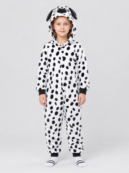 White Fleece Pajama Jumpsuit with Black Spots