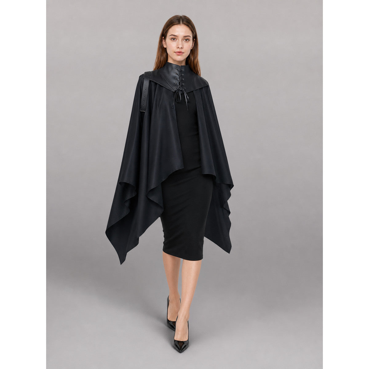 Black Carnival Cloak with a High Collar
