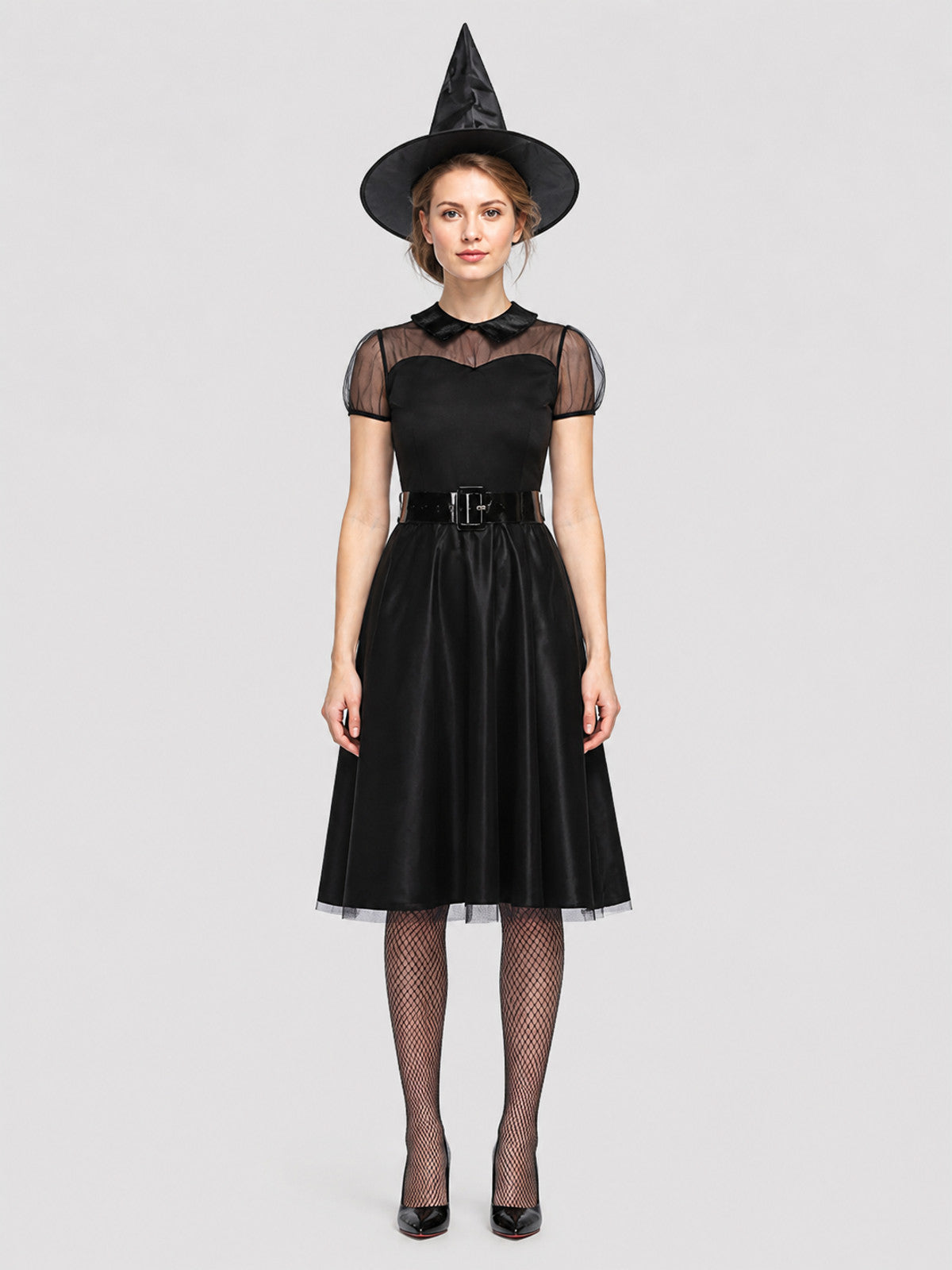 Halloween Witch Costume, Black Dress, Hat, and Belt on-model view