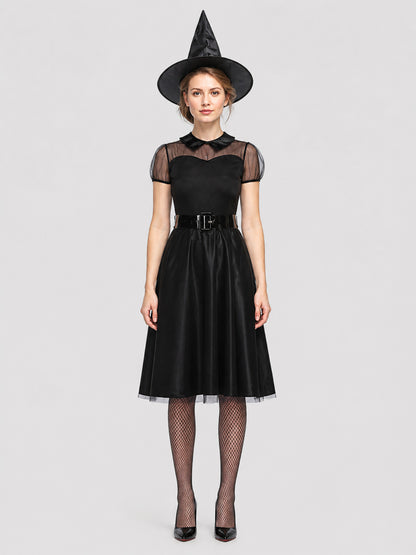 Halloween Witch Costume, Black Dress, Hat, and Belt on-model view