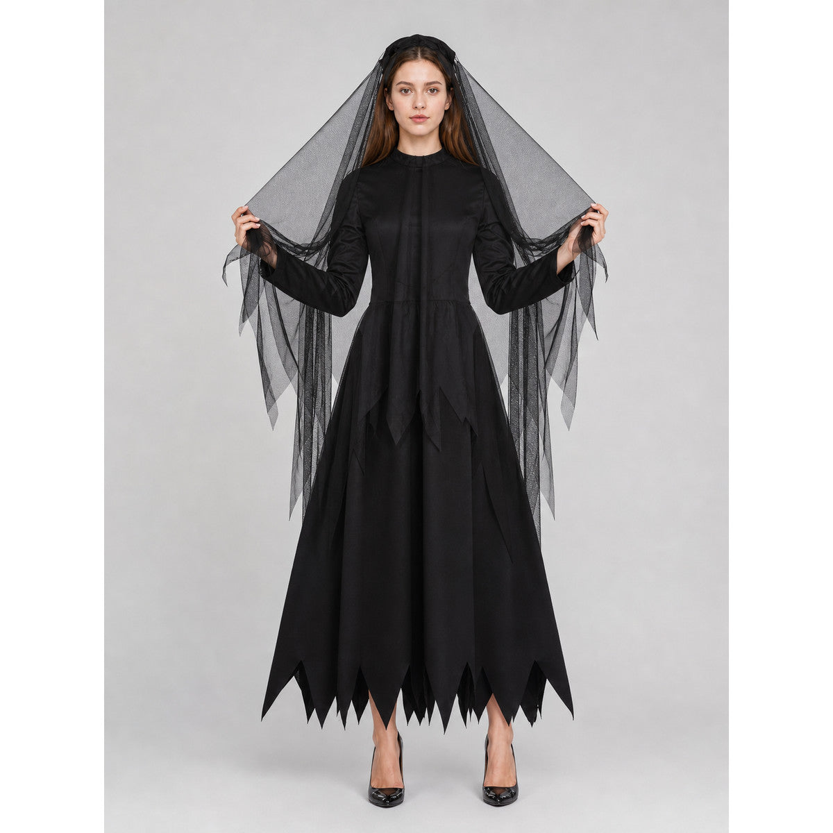 Black Long Hooded Cape with Torn Hem on-model view