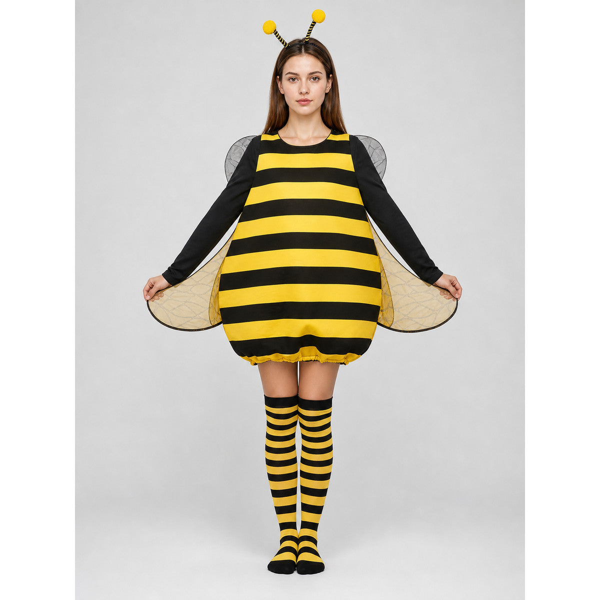 Full-body studio view of a black and yellow striped costume with antennae, translucent wings, long sleeves, and matching striped socks