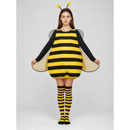 Full-body studio view of a black and yellow striped costume with antennae, translucent wings, long sleeves, and matching striped socks