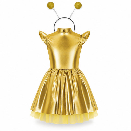 Children Girls Shiny Halloween Alien Cosplay Fancy Costume Space Robot Astronaut Galaxy Warrior Dress Up Leotards Tutu Dress - Color:Gold A