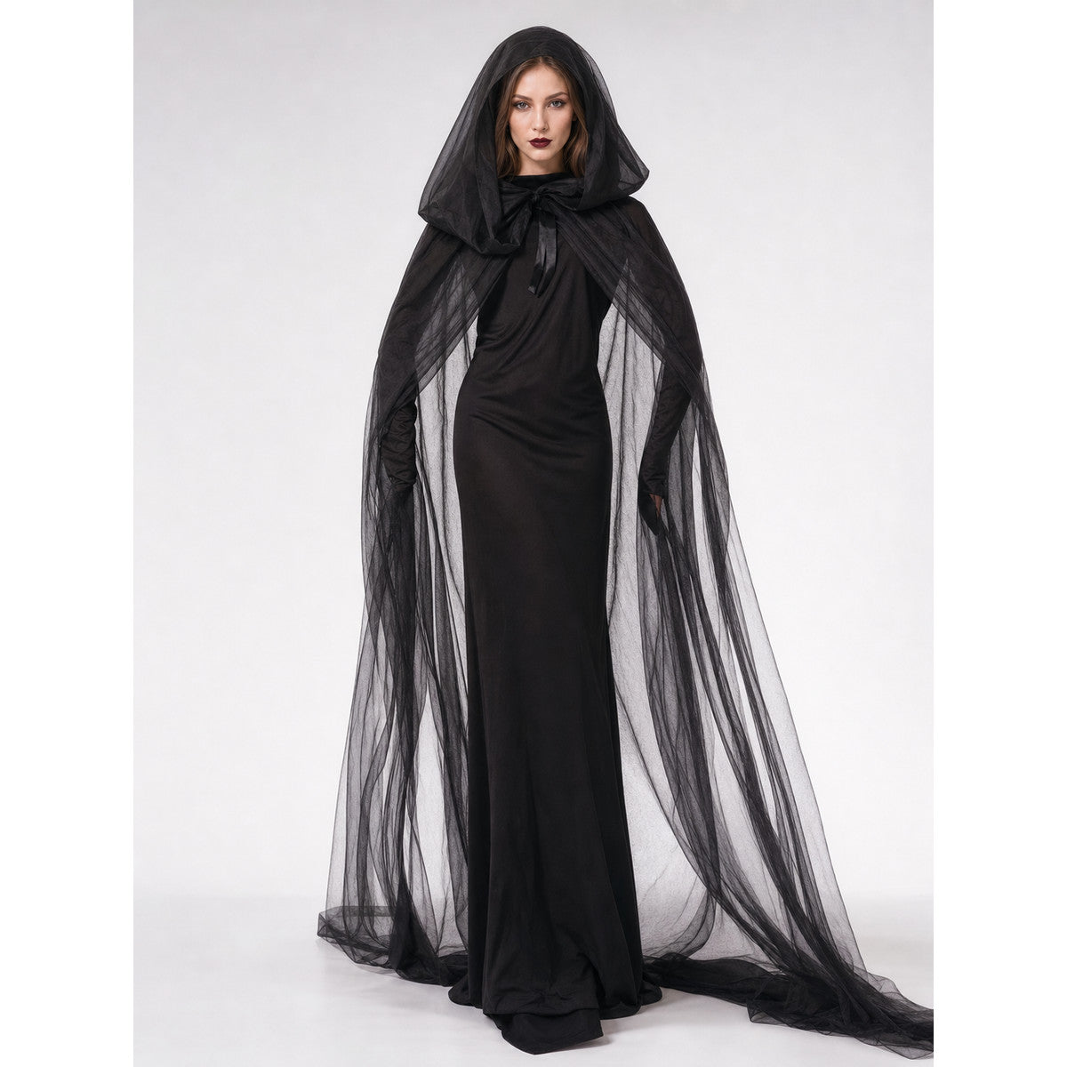 Gothic hooded costume dress for Halloween on-model view