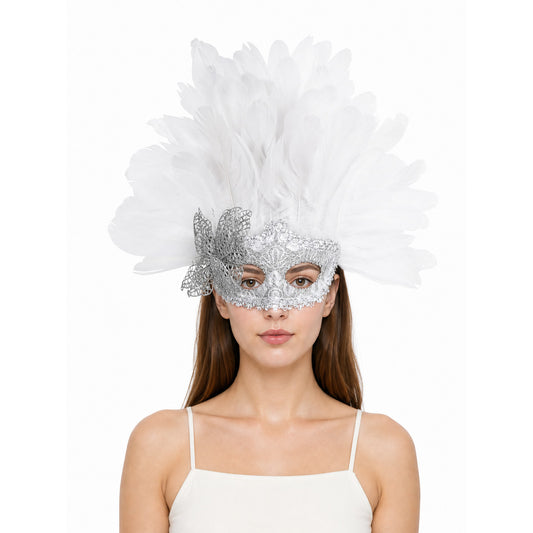 Carnival mask with white feathers and embellishments