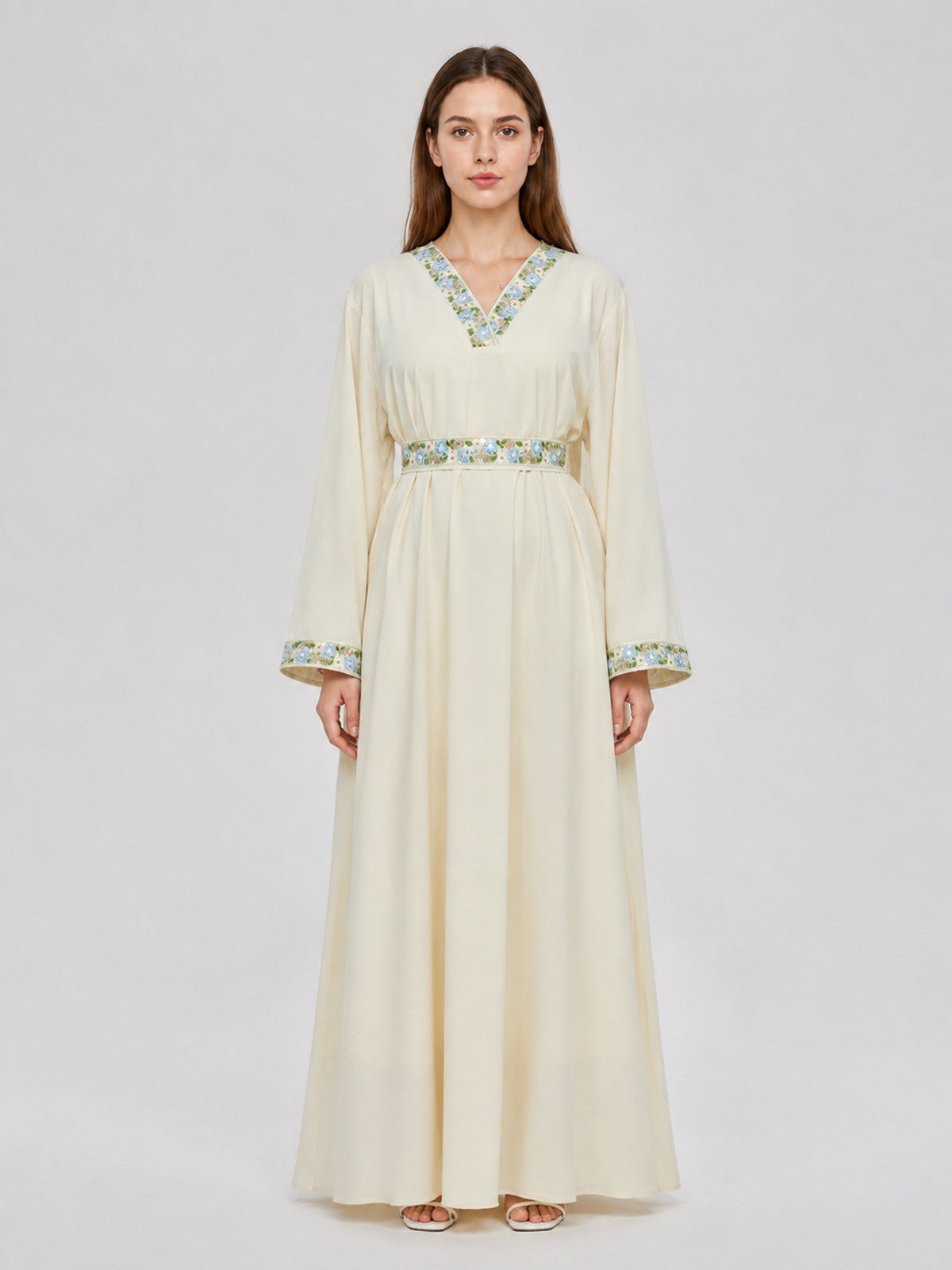 Cream floor-length dress with floral embroidery on-model view