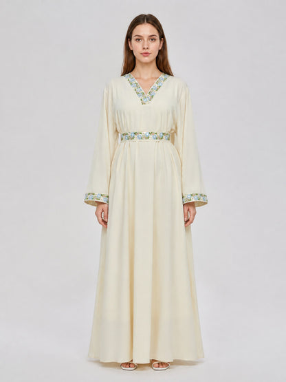 Cream floor-length dress with floral embroidery on-model view