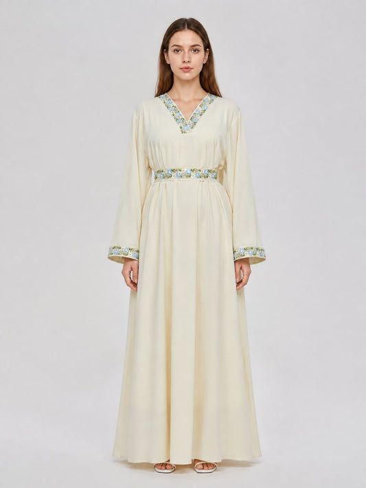 Cream floor-length dress with floral embroidery on-model view