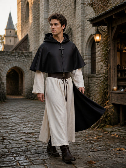 Medieval Gothic Short Hooded Cloak for Adults, Black Cape with Pointed Hood and