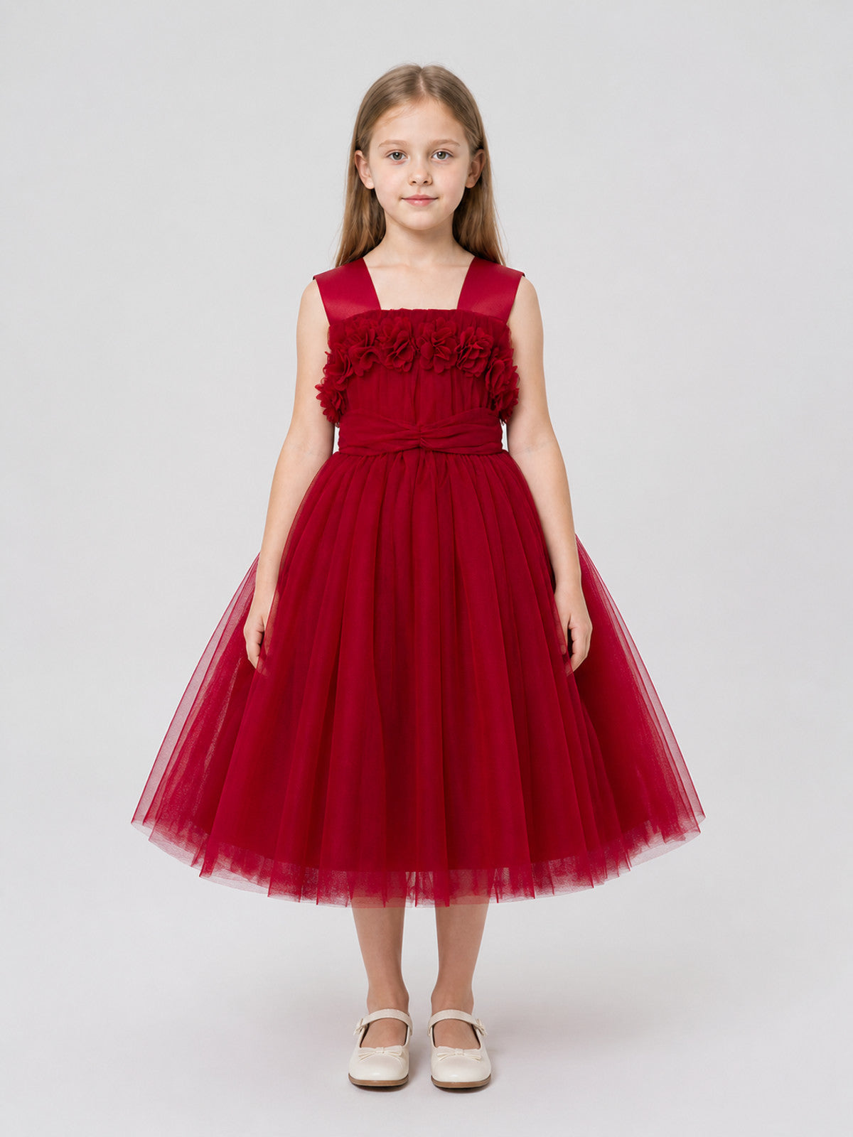 Burgundy Princess Dress for Girls with a Full Skirt on-model view