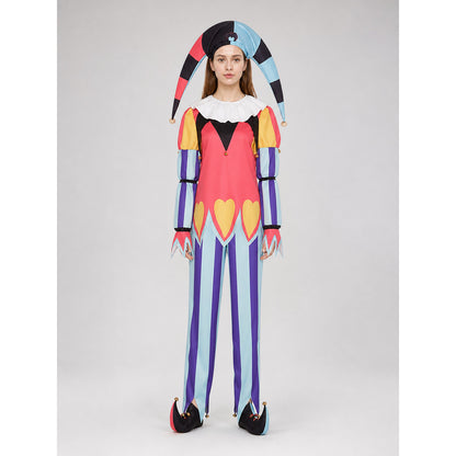Clown Costume with Yellow Hearts and a Pointed Hat on-model view