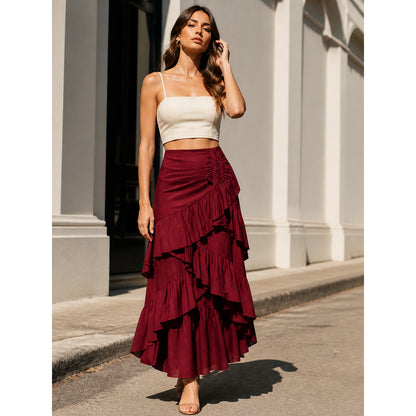 Burgundy Skirt with an Asymmetrical Tiered Ruffle