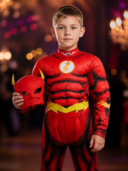 Children's Iron Man Character Bodysuit Costume With Mask, Red Yellow And Black on-model view