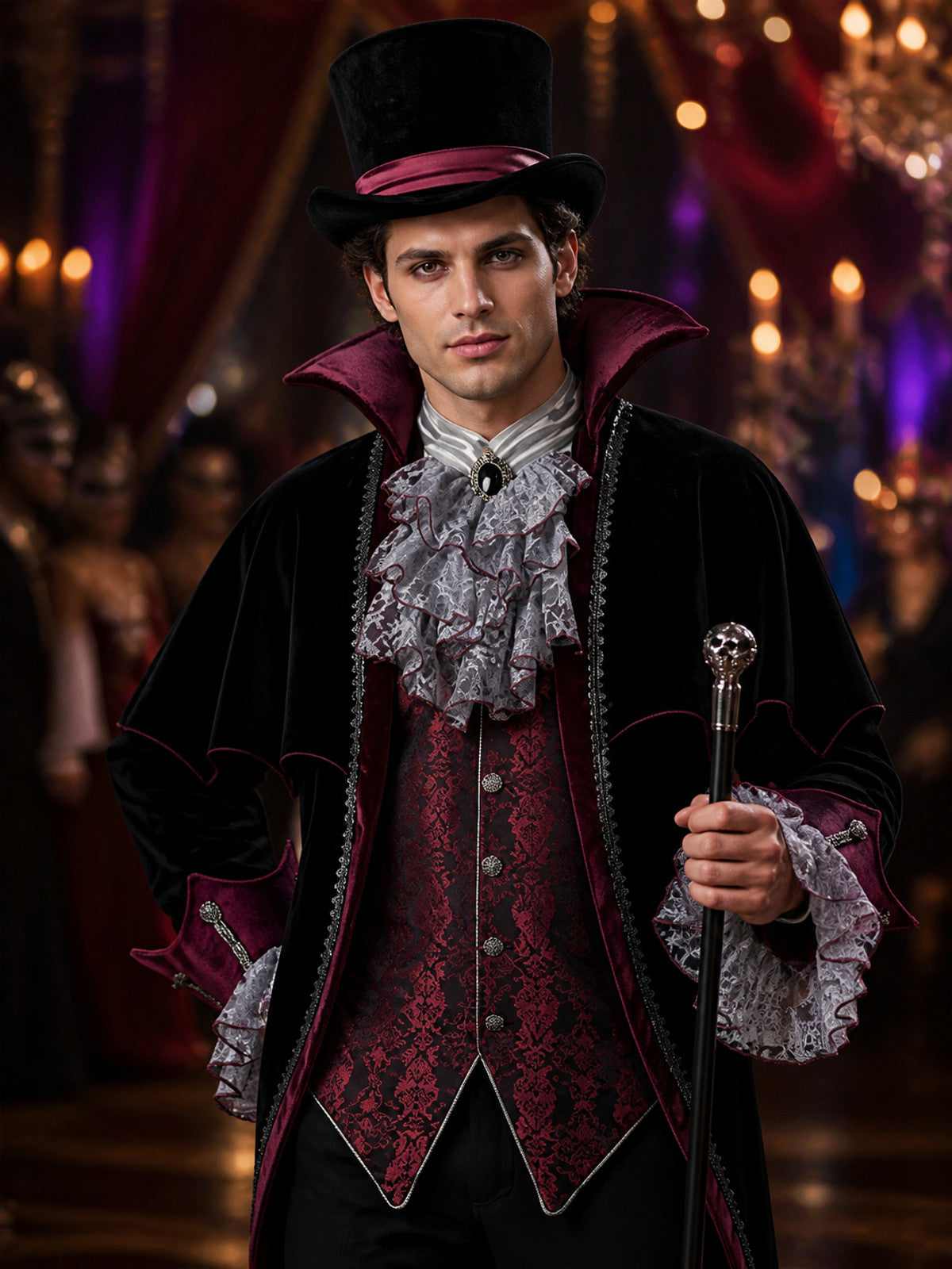 Gothic Wizard Costume Set, Black and Burgundy Long-Sleeve Halloween Cosplay on-model view