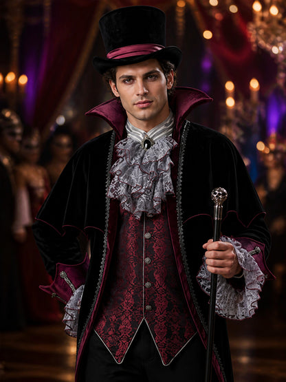 Gothic Wizard Costume Set, Black and Burgundy Long-Sleeve Halloween Cosplay on-model view