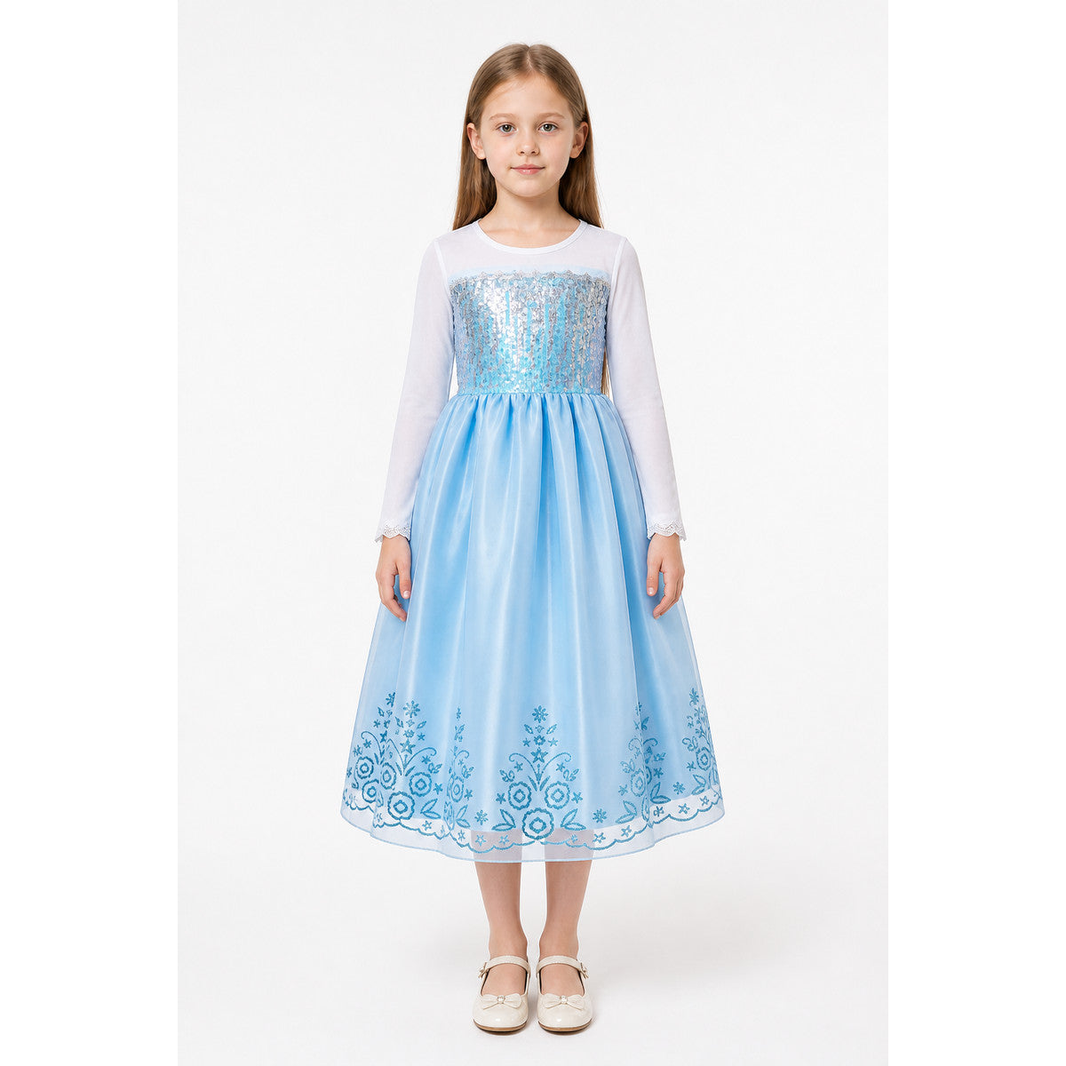Long Princess Dress with Sequins and Floral Pattern main product view