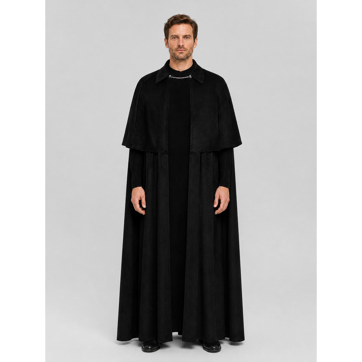 Black Cape Cloak with Collar and Closure for Cosplay on-model view