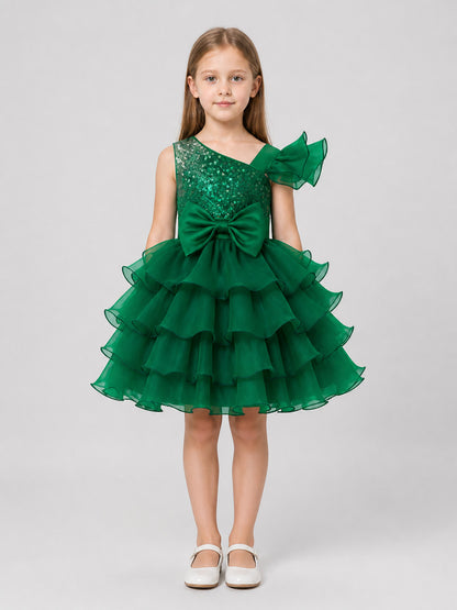 Festive Green Princess Dress with Bow on-model view