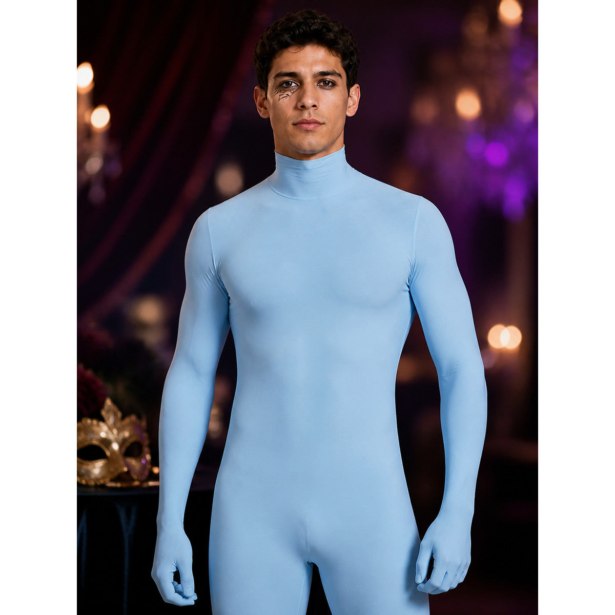 Unisex Light Blue Full Body Hooded Bodysuit Costume for Halloween on-model view