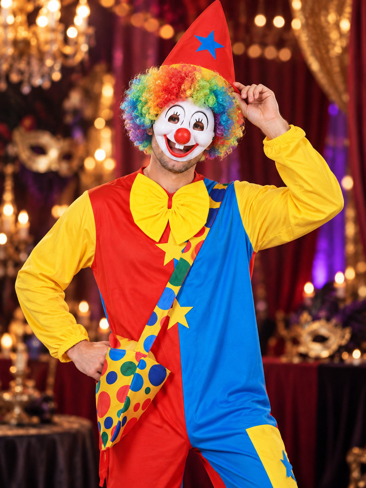 Bright clown costume: jumpsuit, mask, wig, hat
