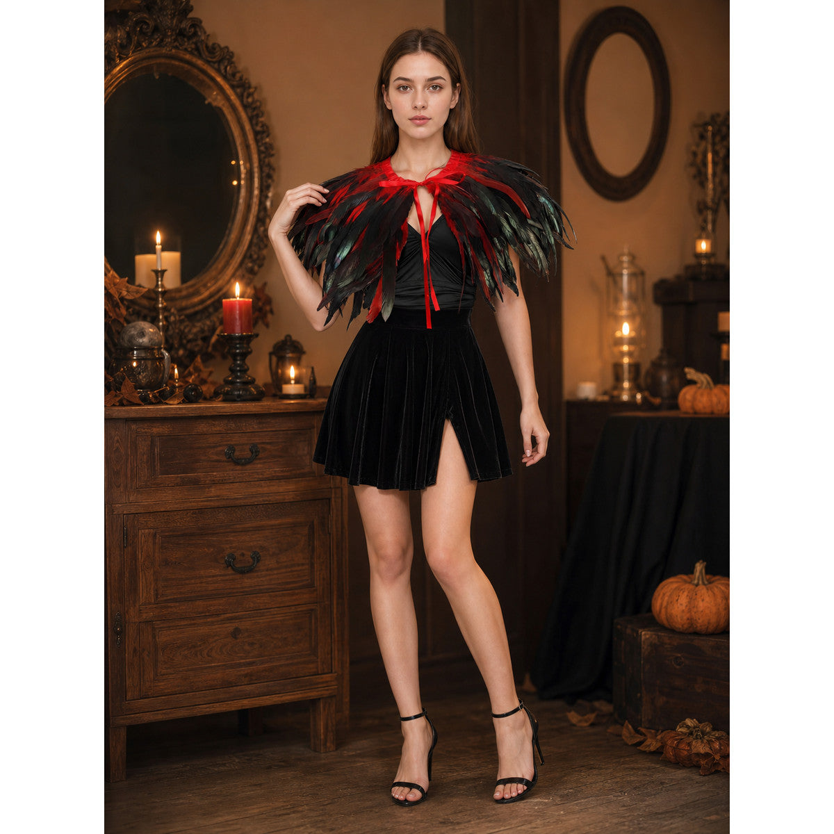 Red Two-Layer Downward Feather Cape, Black-Red Mixed Feather Trim Shoulder Cape with Neck Tie, Feather Layer Cascade Over Shoulders, Feather Edge Cape