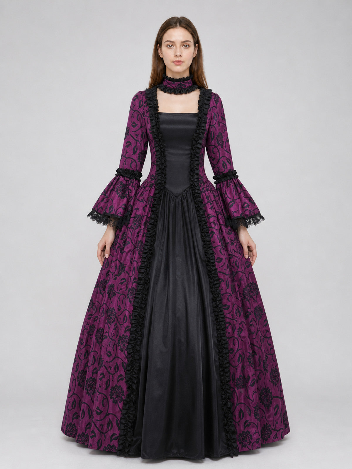 Gothic Victorian Dress with Flared Sleeves front view