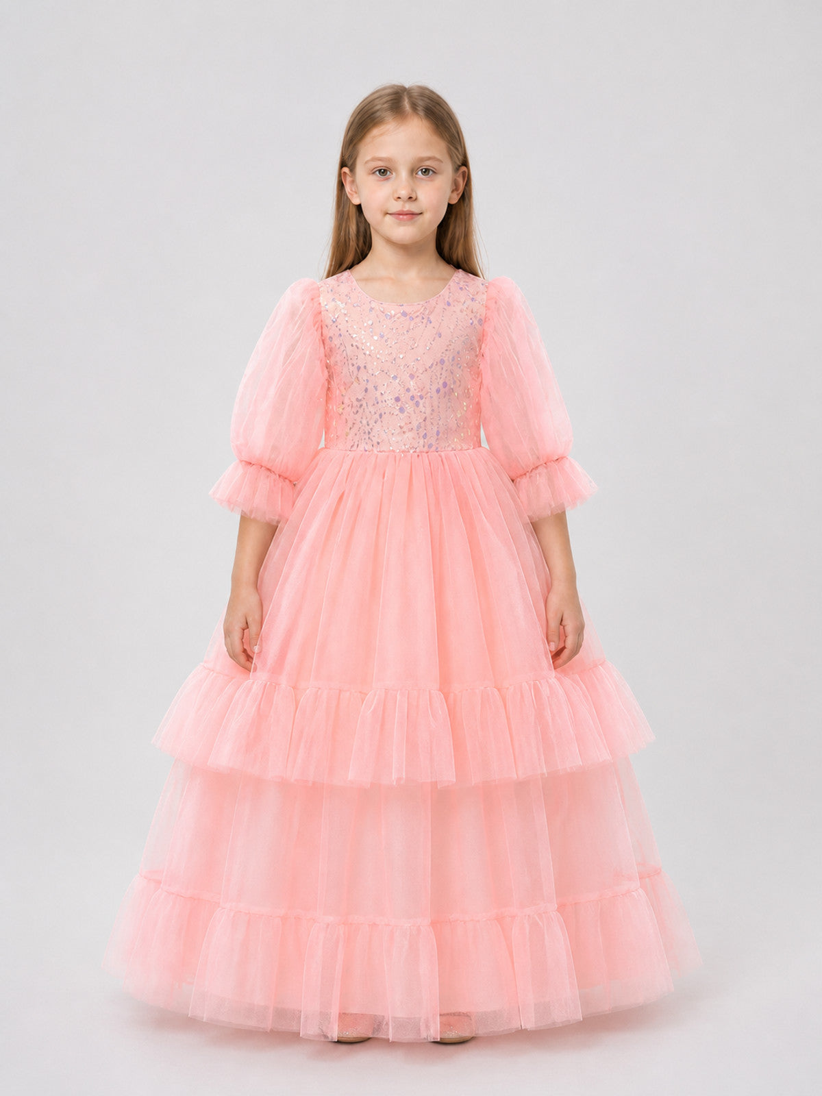Pink Sequined Dress with a Full Skirt and Ruffles on-model view