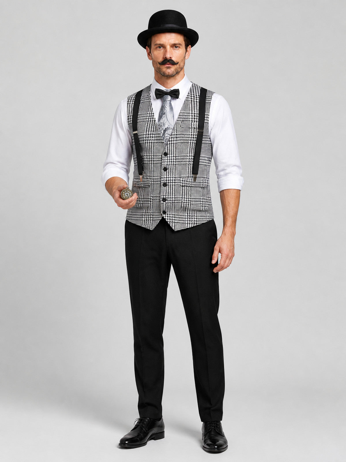 Set: Vest and Accessories, Black and White Houndstooth on-model view