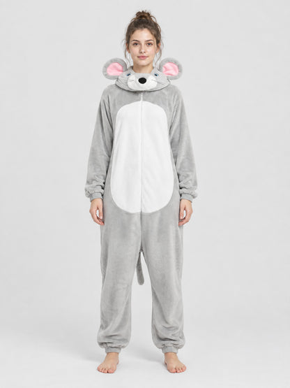 Gray Fleece Hooded Mouse Pajama Jumpsuit