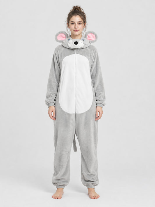 Gray Fleece Hooded Mouse Pajama Jumpsuit
