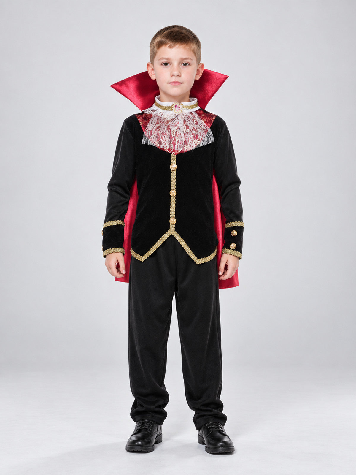 Children's Vampire Costume with Red Cape on-model view