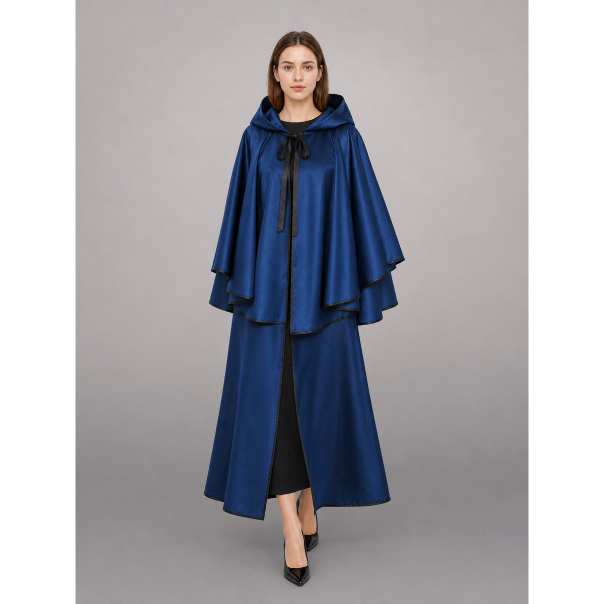 Blue hooded carnival cloak with black trim