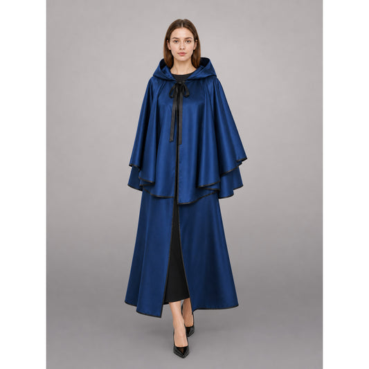 Blue hooded carnival cloak with black trim