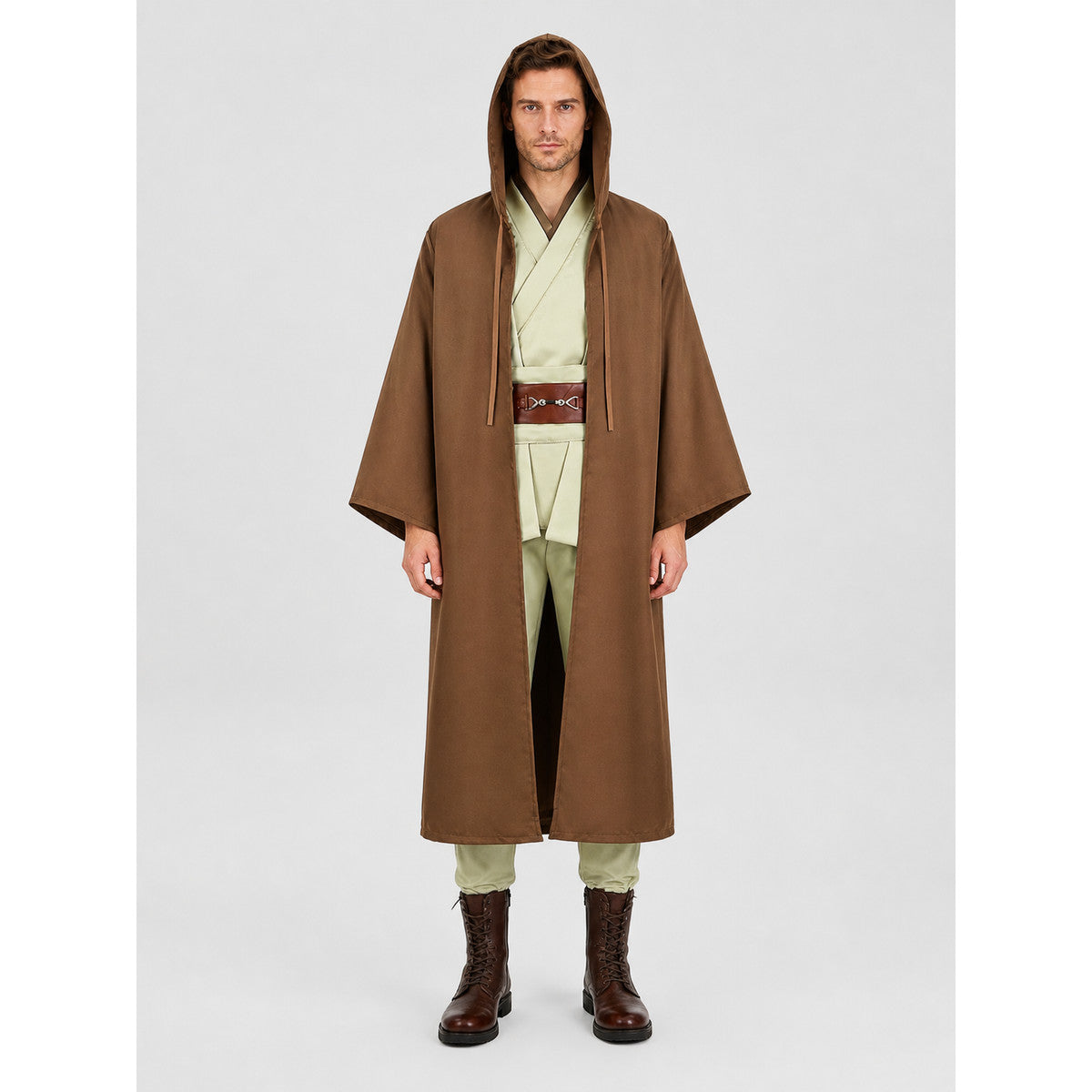 Star Wars cosplay costume, brown hooded robe on-model view