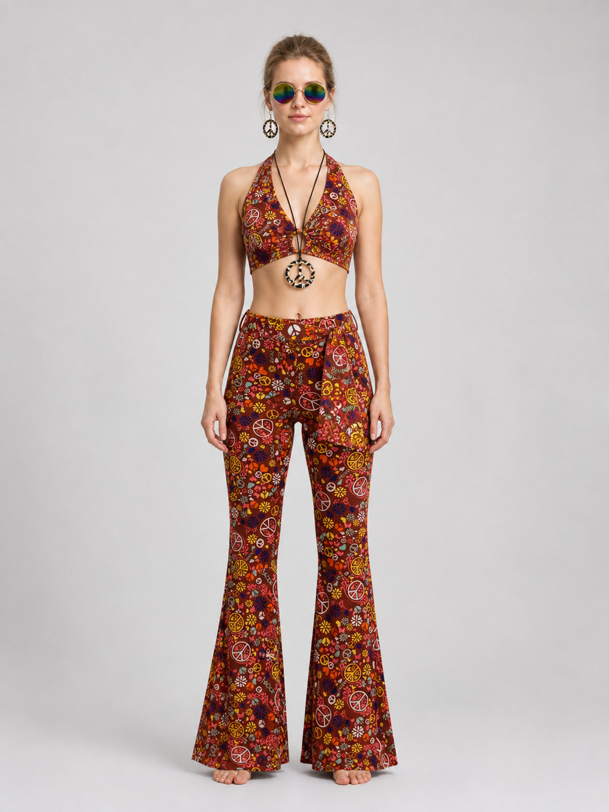 Boho Set: Printed Bell-Bottom Pants, Belt, and Accessories on-model view