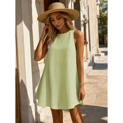 Women's Solid Color Sleeveless Dress with a Round Neckline