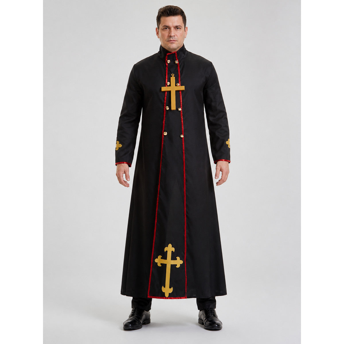Black Cassock with Gold Cross and Red Trim on-model view