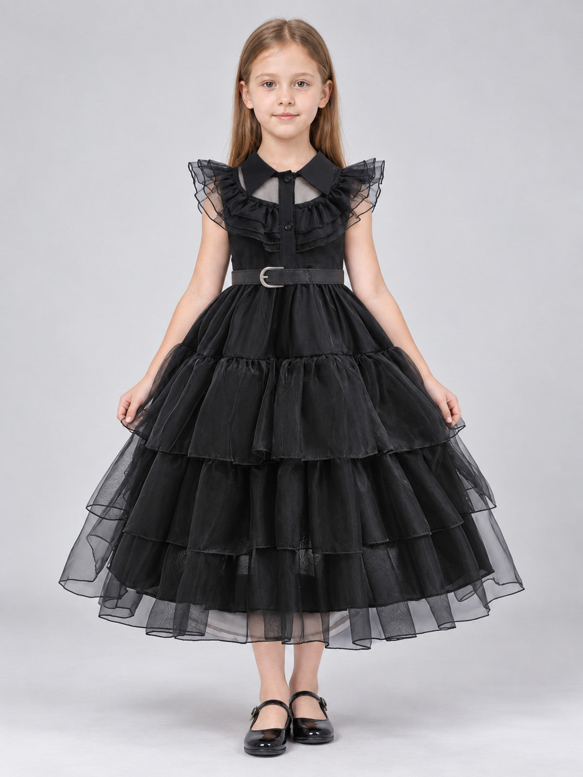 Black Dressy Dress with a Collar and Full Skirt on-model view