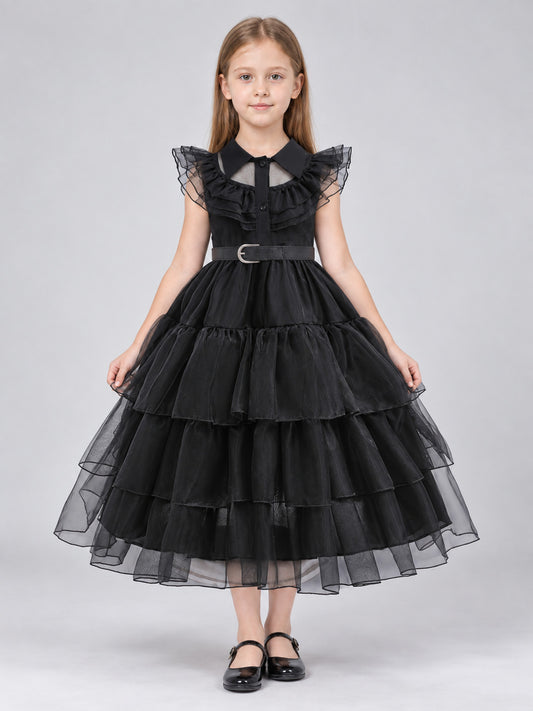 Black Dressy Dress with a Collar and Full Skirt on-model view