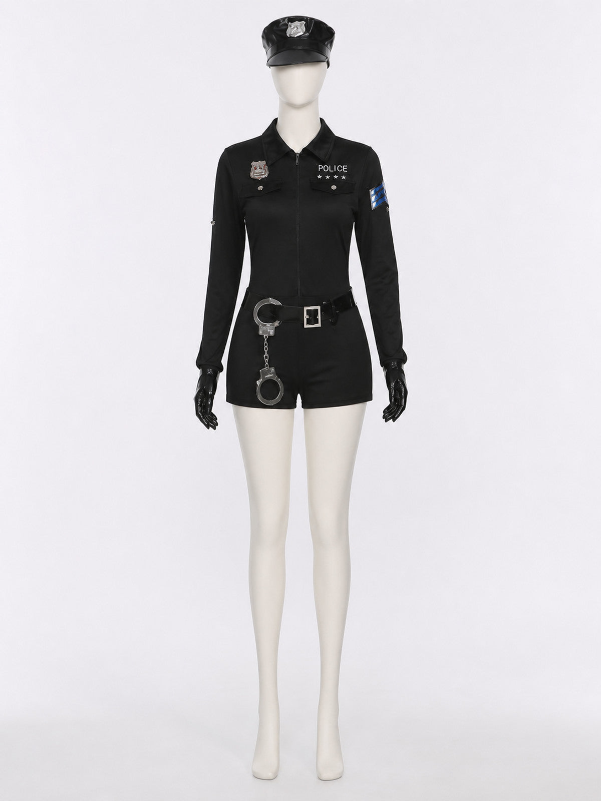 Women's Black Police Jumpsuit Costume Set with Hat, Belt, Gloves and Handcuffs on-model view