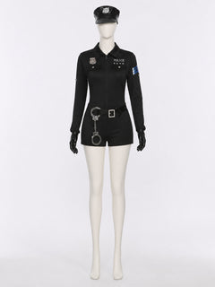 Women's Black Police Costume – Long-Sleeve Zip-Front Jumpsuit Romper with Hat, Belt, Gloves & Handcuffs