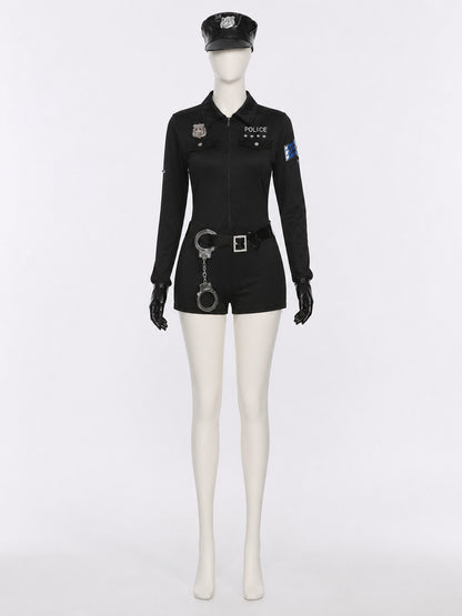 Women's Black Police Jumpsuit Costume Set with Hat, Belt, Gloves and Handcuffs on-model view