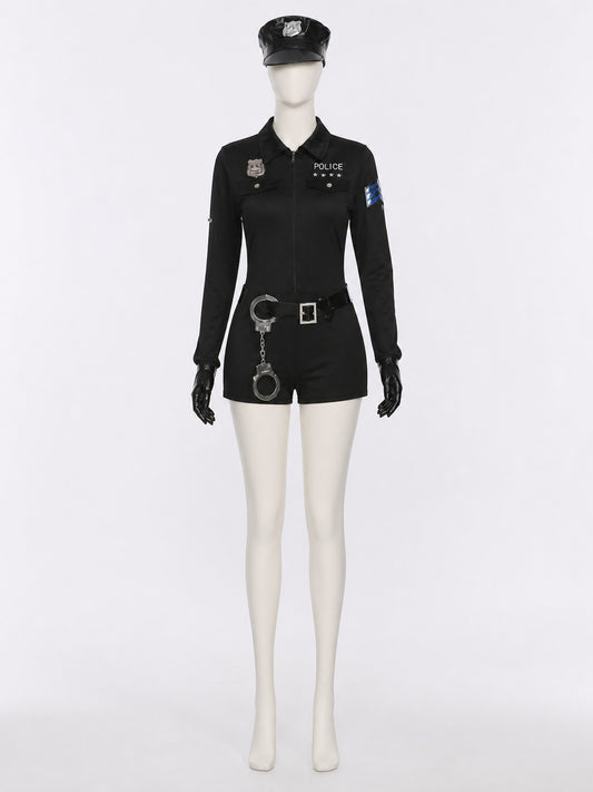 Women's Black Police Jumpsuit Costume Set with Hat, Belt, Gloves and Handcuffs on-model view