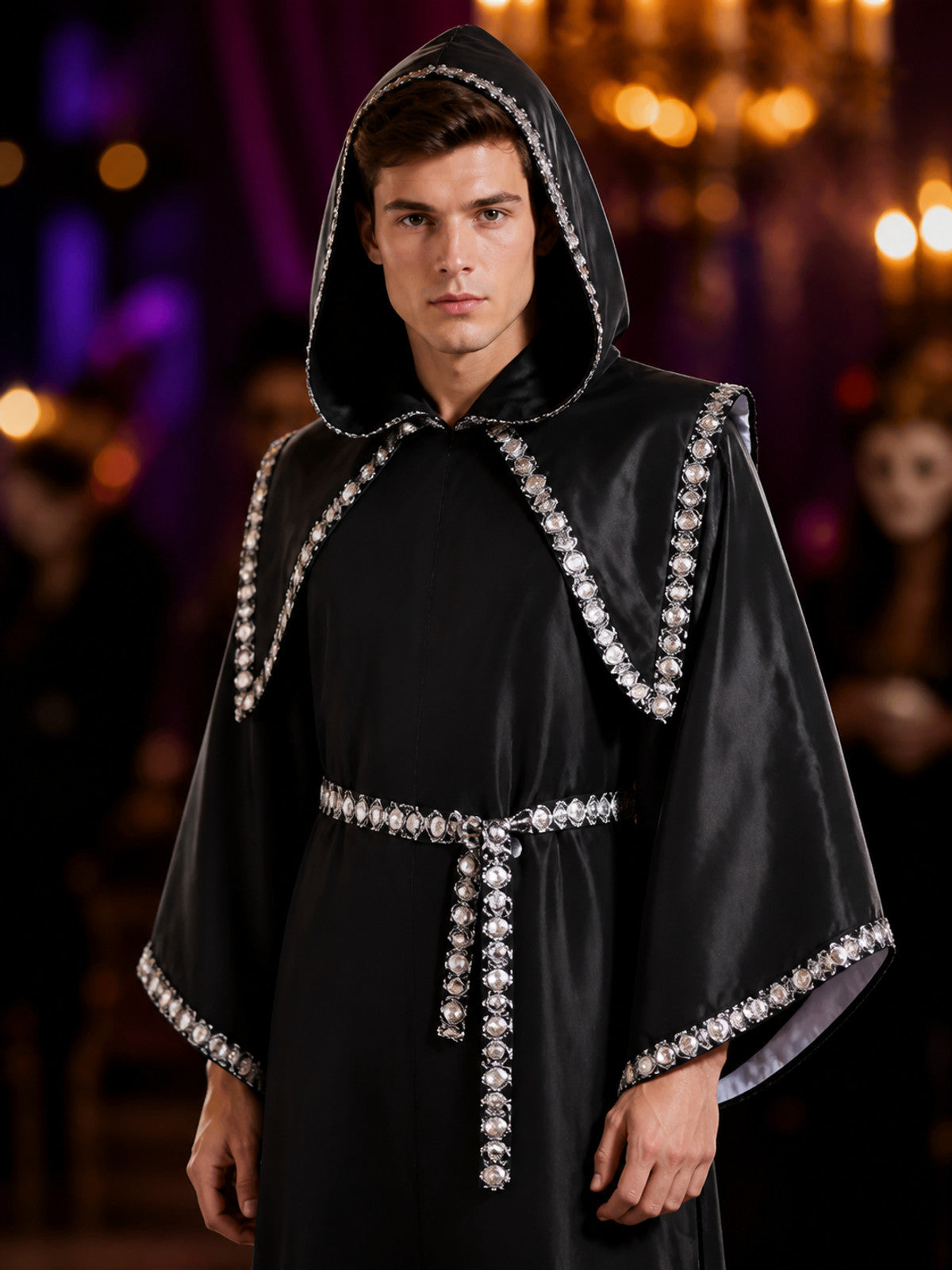 Black Hooded Wizard Robe Costume Set with Silver Sequin Trim and Belt on-model view